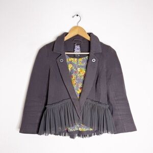 Free People Vintage Grey Knit Tulle Ruffle Peplum Jacket Blazer Size 6